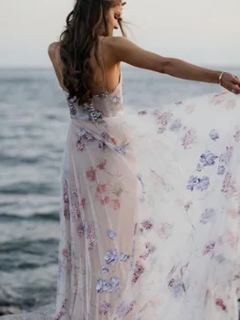 2023, сватбени рокли за спагети презрамки впечатлява със своя бохемски стил бохо, сватбени рокли с флорални принтом, Vestidos De Renda