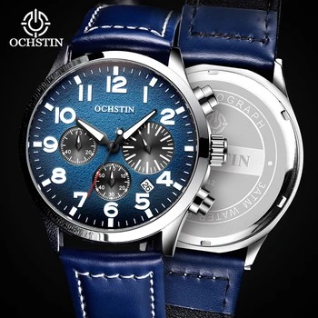 OCHSTIN Нов мъжки ръчен часовник с хронограф водоустойчив и датата, мъжки часовник в стил милитари най-добрата марка за луксозни сини спортни мъжки часовник от естествена кожа.