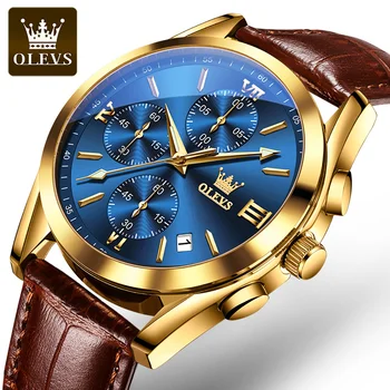 OLEVS 2872 Кварцов мъжки часовник, оригинални бизнес спортни водоустойчив светещи часовници с хронограф, Луксозни Маркови Кожени мъжки часовник