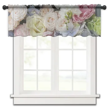 Бял Жълт Розово цвете малка завеса за кухня, тюл, прозрачен къс завеса, спалня, хол, начало декор, вуалевые завеси