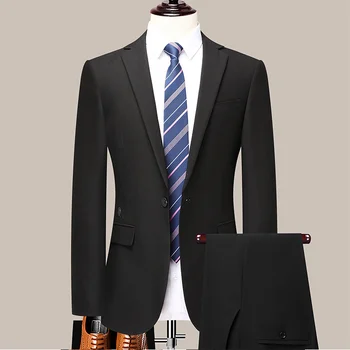 Висококачествен бизнес всекидневен костюм (костюм + панталони) Стилен сватбен костюм, стилна еластичен костюм от две части, полиестер Four Seasons