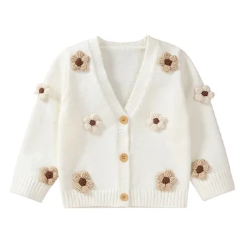 Вязаный жилетка за малки момичета, пуловер с цветен модел, V-образно деколте, дълъг ръкав, копчета палто, Пролет-есен облекло