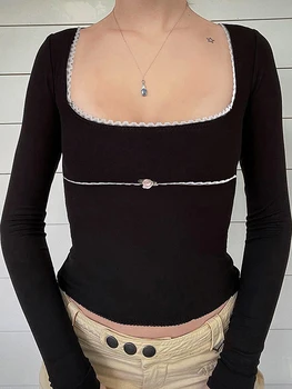 Дамски съкратен върховете Y2k с дълъг ръкав и квадратни деколтета, облегающая тениска с дантелен завършек, риза за излизане на светлина, эстетичная облекло