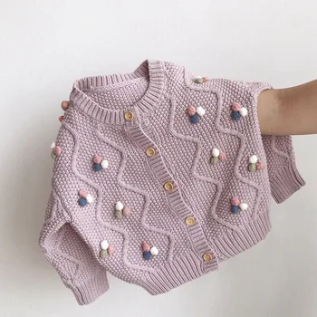 Есенно-зимни однобортные пуловери за момичета, жилетка с кожа интериор под формата на топки, обикновена жакард пуловери с дълги ръкави за бебета, палто