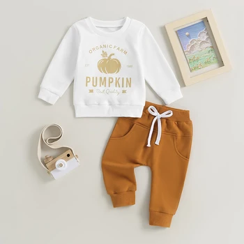 Есенното облекло от 2 теми за дете 0-3 години, hoody и панталони с принтом тиква с дълъг ръкав, комплект дрехи за деца 2023, есен нов комплект дрехи за деца