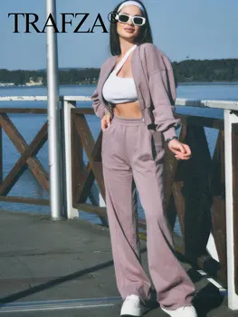 Жена Есенен Комплект Блузи с дълъг ръкав, бродерия на TRAFZA, Модерен Комплект панталон с висока Талия и странични джобове, Женски Комплект панталон