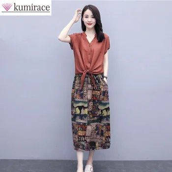 Жена памук костюм 2022, пролет-лято корейски версия, Нова риза, пола с принтом, елегантен женски безплатен комплект от две части