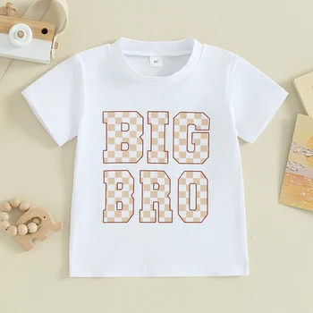 Лятна тениска Big Bro за деца с писмото принтом в шахматна дъска, кръгъл отвор, тениски с къс ръкав за малки момчета