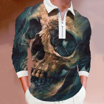 Мъжки модни риза с къси ръкави с 3D принтом под формата на скелет за Хелоуин, риза с дълъг ръкав с цип за мъже, модни риза с копчета