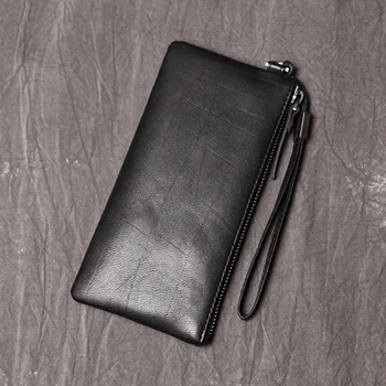 Мъжки портфейл от естествена телешка кожа, мъжки дълги тънки портфейли-клатчи джоб, кесия с държач за карти, чанта за телефон