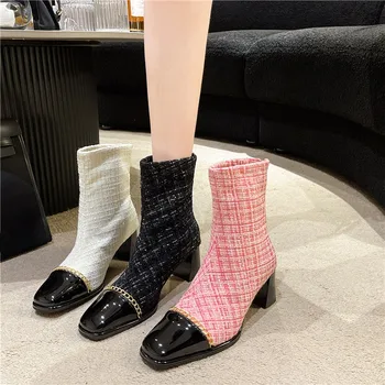 Нова метална верижка на дебелите обувки с квадратни пръсти, елегантни дамски обувки, сексуална фантазия износоустойчиви удобни къси ботуши