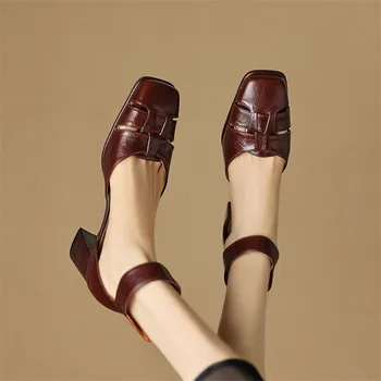 Нови летни сандали, всекидневни френски сандали-гладиатори с квадратни пръсти и выдалбливанием, дамски обувки на висок ток
