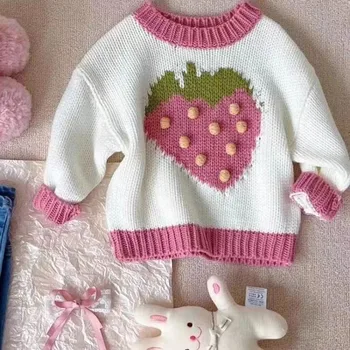 Пролетно-есенен нов детски пуловер за момичета, Корейското издание, вязаный пуловер с ягоди, топ за деца