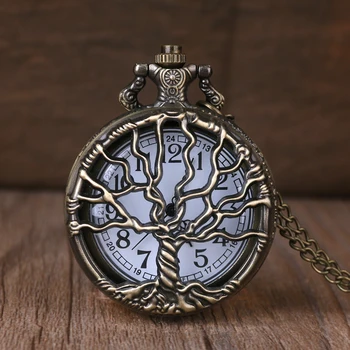 Ретро Бронзови Кухи джобен часовник във формата на Дървото на Живота на веригата-огърлица, елегантен медальон, подарък за мъже, жени, реколта часовници