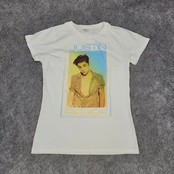 Тениска Justin Bieber XS White 2012 Tour Merch Памучен тениска с графичен дизайн с дълги ръкави