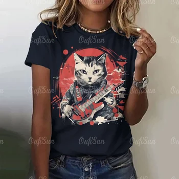 Тениска с сладък котка, Лятна Тениска С къс ръкав, Блузи, Модни и Ежедневни облекла, тениски с 3D принтом, Пуловер с кръгло деколте, Жените риза