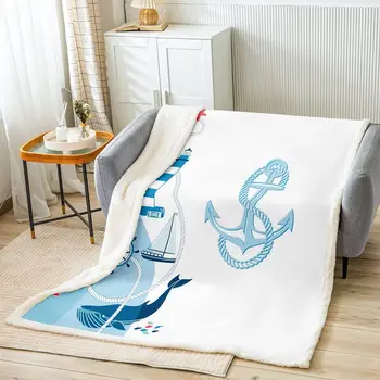 Флисовое одеяло с морска котва, тема приключения в син океан, каре за възрастен мъж, Морска звезда, фар, кит кораб