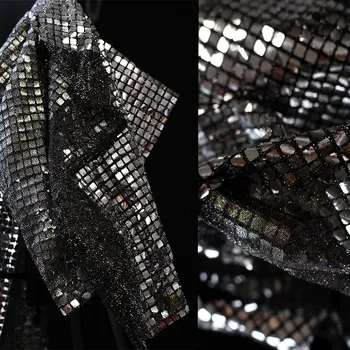 Черна и сребриста клетчатая квадратна мека кърпа с пайети, огледална на окото Отдолу, Светоотражающая текстура, Дизайнерски плат за шивашки дрехи с пайети