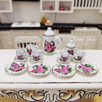 1 комплект 1:12 Кухненски принадлежности за куклена къща, посуда, миниатюрен Порцеланов Керамичен чайник, определени чаени чаши, играчки 