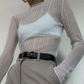 2023 Есенни елегантни прозрачни дамски блузи с имитация на вратата и дълъг ръкав, модни градинска дрехи, секси тениски, тениски, облегающая облекло