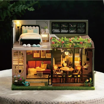 DIY Wooden Куклена Къща Миниатюрен Комплект Mini Casa Магазин за Играчки Куклена Къща Обзаведена Вила За Момичета И Момчета, Подарък За Рожден Ден директен доставка