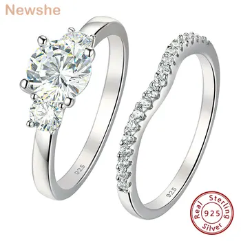 Newshe Набор от сватбени пръстени от сребро 925 проба за жени, Винтажное годежен пръстен с три скъпоценни камъни, бижута от кубичен цирконий 5A Кръгла форма