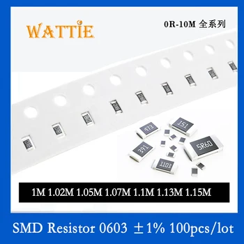 SMD резистор 0603 1% 1 М 1,02 1,05 М М 1,07 М 1,1 М 1,13 М 1,15 М, 100 бр./лот микросхемные резистори 1/10 W 1,6 mm *0,8 мм
