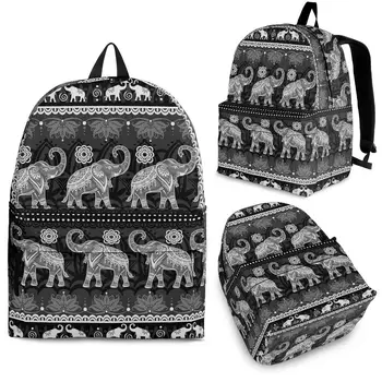 YIKELUO Бохемска Tribal Elephant Print Черен Траен Удобна раница с регулируеми пагон Младежки раница за лаптоп