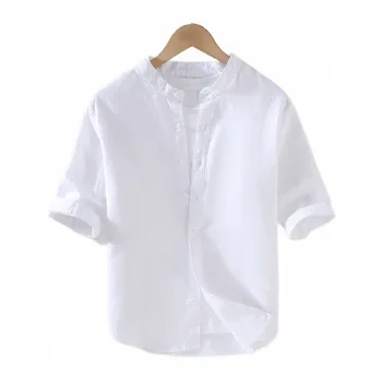 Бельо риза в стил шинуазри, мъжки свободна лятна ежедневни тънка риза с пет ръкави, бял памучен бельо риза със средния ръкав