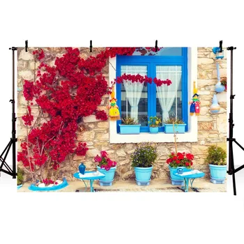 Винил фон за снимки Mehofoto Реколта Тухлена стена Синьо прозорец Цвете растение Детски фон на открито за фото студио