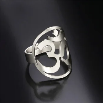Винтажное пръстен със символа на Ом за жени, мъже от неръждаема стомана, Сребрист цвят Регулируеми Открити пръстени Амулет Бижута Kpop Подарък на приятел за рожден Ден