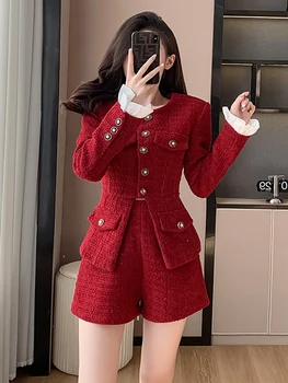Висококачествен Зимен червен Туид комплект от две части, нови модни дамски однобортные дебели, тънки якета с кръгло деколте, сака + панталони, костюми