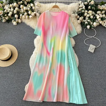 Градиентное плиссированное рокля за жените през лятото, свободни и неуловими, по-дълга рокля със супер страхотна темперамент