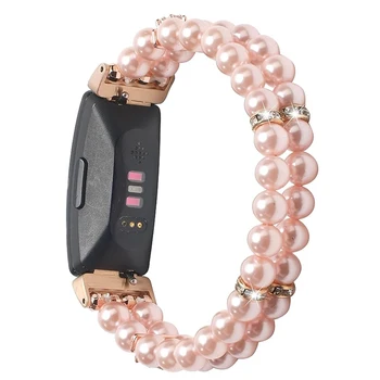 Гривна с перли за Fitbit Inspire 3, женски каишка за часовник, бял, розов, черен еластичен маншет на един размер за всички