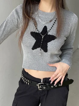 Дамски блузи от рубчатого трико, плътно прилепнали тениски с кръгло деколте и бродерии под формата на звезди, гранжевый пуловер