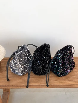 Дамски дизайнерска чанта през рамо с пайети, плисирани меки чанти на съвсем малък, дамски официални лъскава чанта, чанта-прашка от изкуствена кожа
