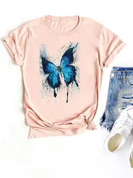 Дамски дрехи с шарени пеперуди, дамски тениски с къс ръкав, сладки ежедневни модни дамски тениски с графичен принтом на 90-те години