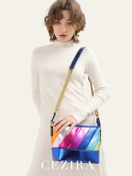 Дамски модни чанта през рамо от изкуствена веганской кожа с метален модел CEZIRA, луксозна чанта-скитник с веригата, за боядисана раирана чанта в стил мозайка през рамо