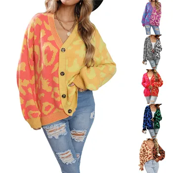 Дамски плетени калъф за жилетки и Пуловери от Ежедневните контрастен цвят с леопардовым модел Копчета в стил мозайка Копчета с дълги ръкави Възли пуловери, Палта