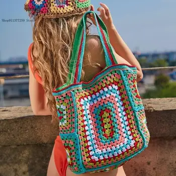 Дамски чанта през рамо, вязаная чанта-тоут, артистична вязаная на една кука ежедневна дамска чанта с голям капацитет, чанта за пазаруване, плажна чанта