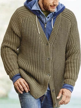 Дебел Вязаный мъжки Армейски зелен Топла жилетка в стил мозайка, однобортный обикновен пуловер, палто, мъжки ежедневни връхни дрехи с дълъг ръкав и копчета