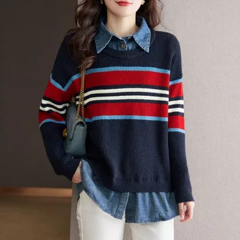 Жена Пуловер-пуловер за пролет-есен 2023, нова Лоскутная риза в райе в стил ретро, от 2 теми, дамски Долната облекло