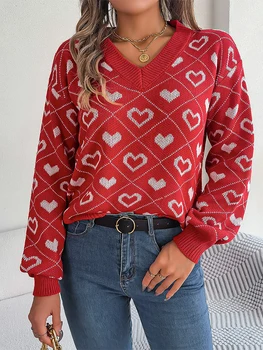 Жена пуловер свободна задължителен образец на сърцето, пуловери с дълъг ръкав-фенерче, пролетно-есенни скок с V-образно деколте, градинска облекло