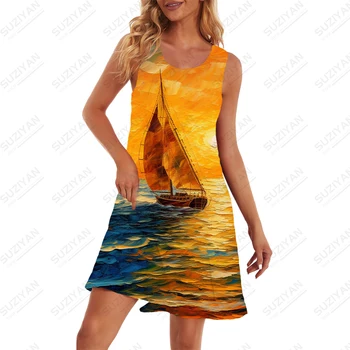 Женствена рокля на подтяжках в хавайски плажния стил, висок клас ветроходен рокля с 3D-принтом 