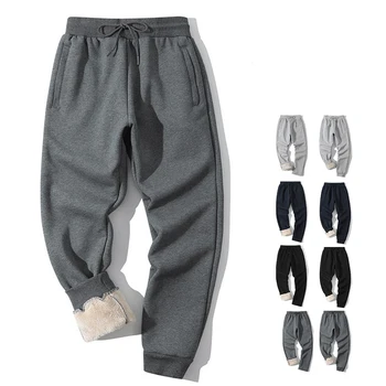 Зимни мъжки ежедневни спортни панталони с широки штанинами, трендови свободни и удебелени мъжки дамски панталони от овче кашмир, гамаши