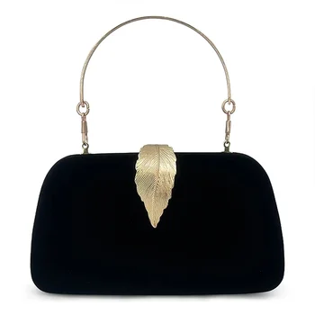 Кадифе банкетная чанта, монохромен клатч, верига през рамо, чанта през рамо с катарама във формата на листа, дамски косметичка, вечерна чанта