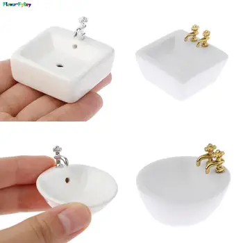 квадратна мивка за баня в кукла къща 1:12 миниатюрна керамична мивка, модел мивка за баня, която симулира аксесоар за куклена къща