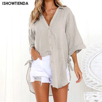 Летни модни Нови ризи със средна дължина, с ревера, дамски ежедневни обикновена жилетки копчета отстрани, елегантни блузи, блузи