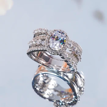 Луксозно овална пръстен с цирконий QINHUAN от бяло злато 18 карата с покритие за жени, годежен пръстен, парти, годеж, бижута подарък за рожден Ден всеки ден