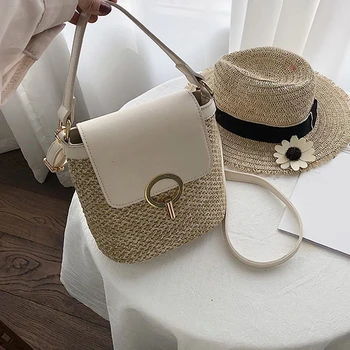 Малка сламена чанта-кофа за жени 2023 Летни чанти през рамо, чанти от ратан, Плажни женски пътни портмонета и чанти, чанта през рамо Bolsa